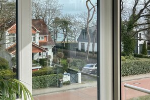 En vy genom ett fönster ut mot ett bostadsområde med hus, en väg och en bil.