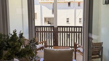 A balcony with a wooden floor, a bench, and a potted plant.