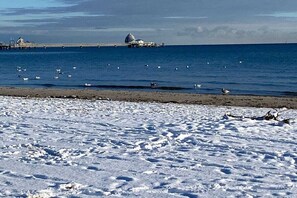 A snowy beach with a pier and a dome-shaped building in the distance. - Holiday apartment with 1 bedroom (Grömitz - Lenste)
