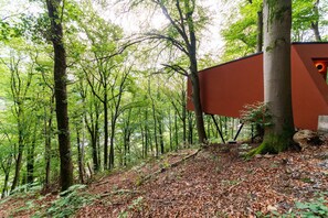 A forested area with a building partially obscured by trees. - The Blooming Refuge – Hydrangea Cabin (La Roche-en-Ardenne)