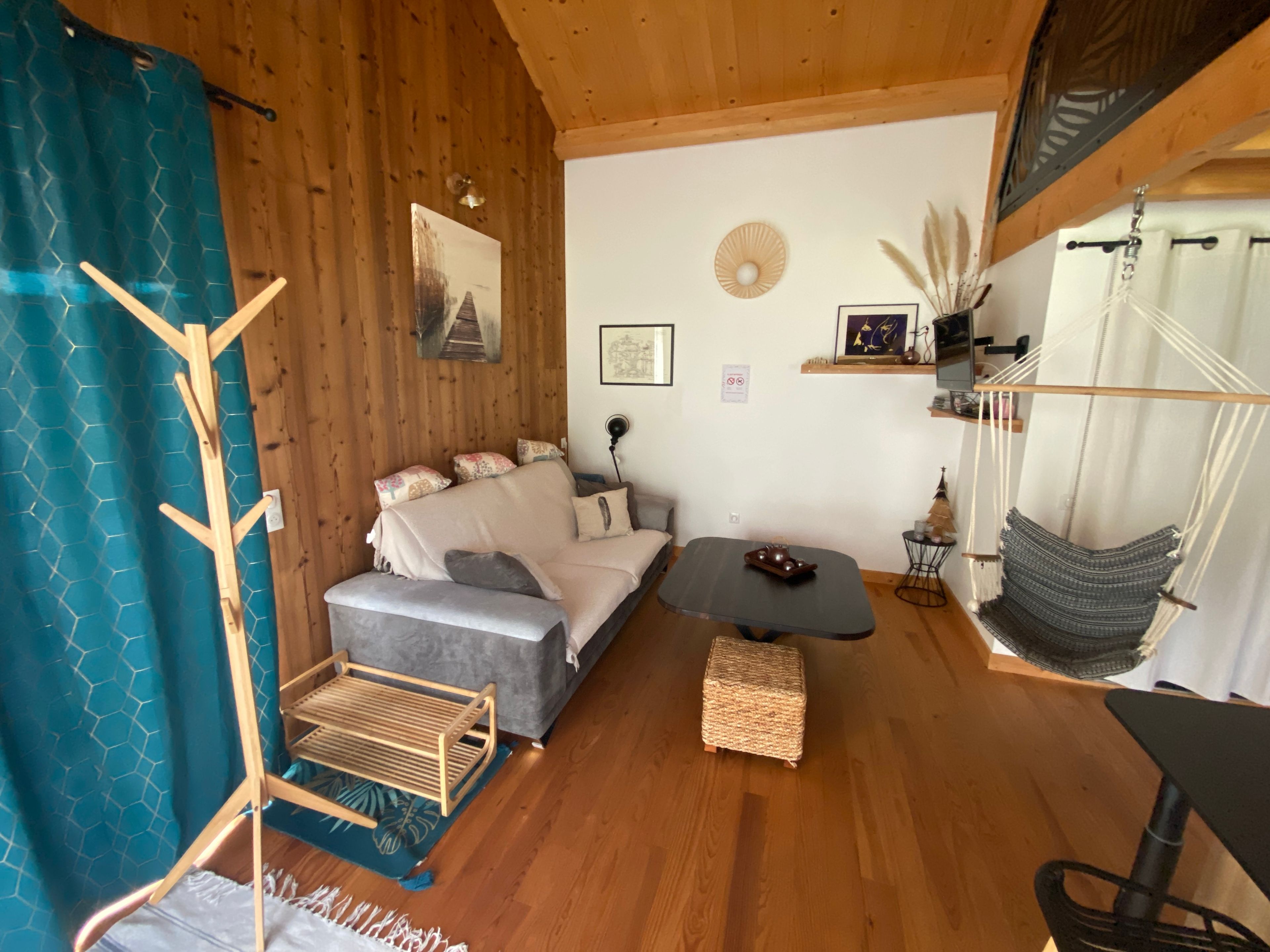 A cozy room with a sofa, a small table, a hanging chair, and a wooden floor.