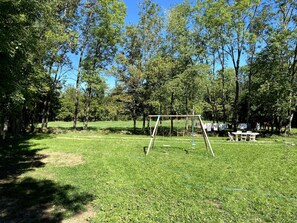 Zona verda amb gespa, un parc amb balançàs i taules de pícnic.