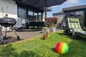 Un jardin avec un barbecue, une chaise longue et un ballon coloré.