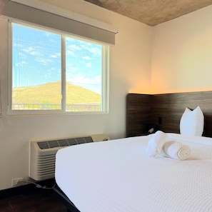 A hotel room with a large bed, a window with a view of a hill, and a wall-mounted heater. - Hotel Tucson Downtown (Tucson)