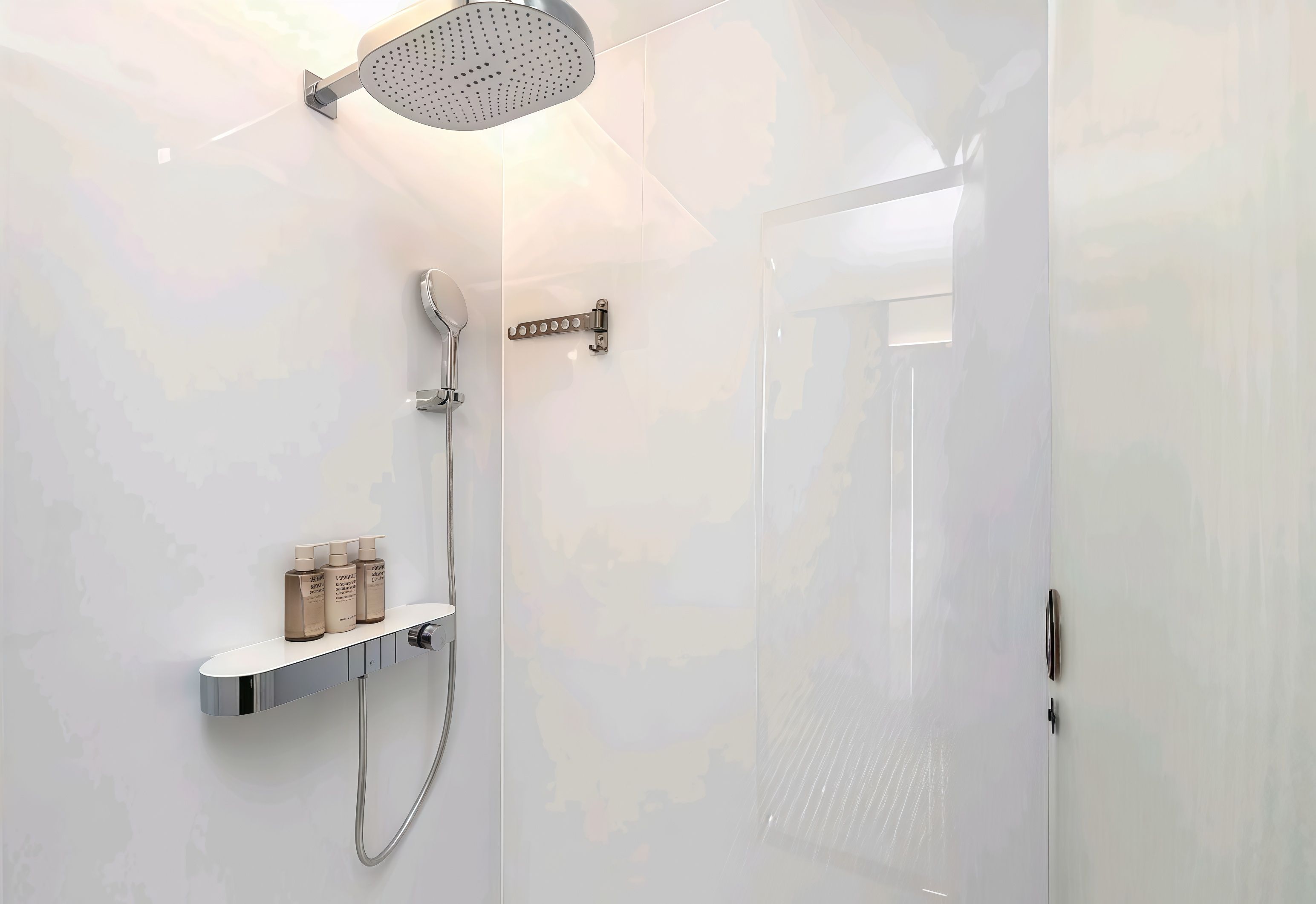 A modern bathroom with a shower, a shelf with toiletries, and a door.