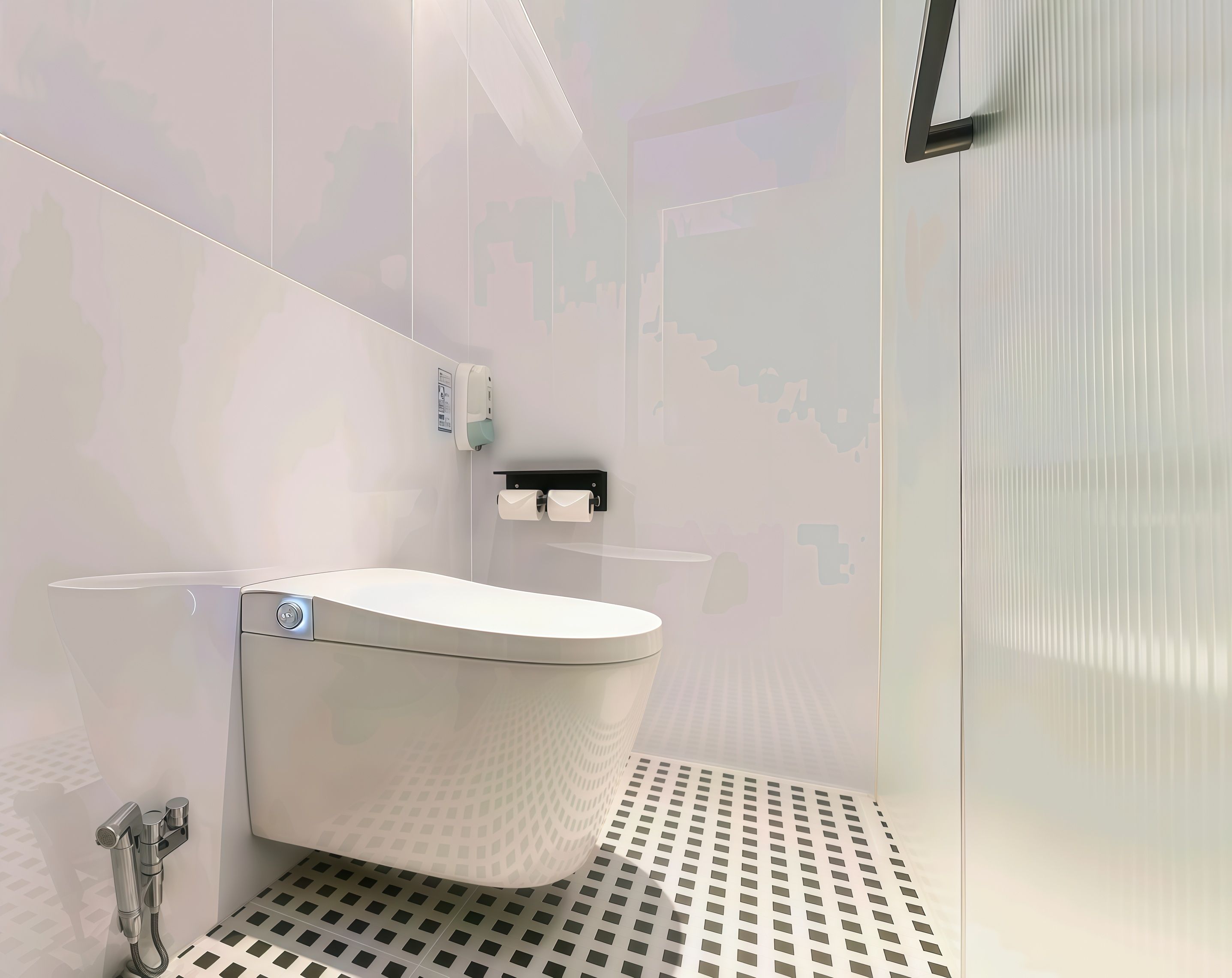 A modern bathroom with a white toilet, a handheld showerhead, and a wall-mounted soap dispenser.