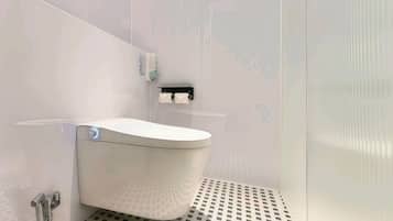 A modern bathroom with a white toilet, a handheld showerhead, and a wall-mounted soap dispenser.