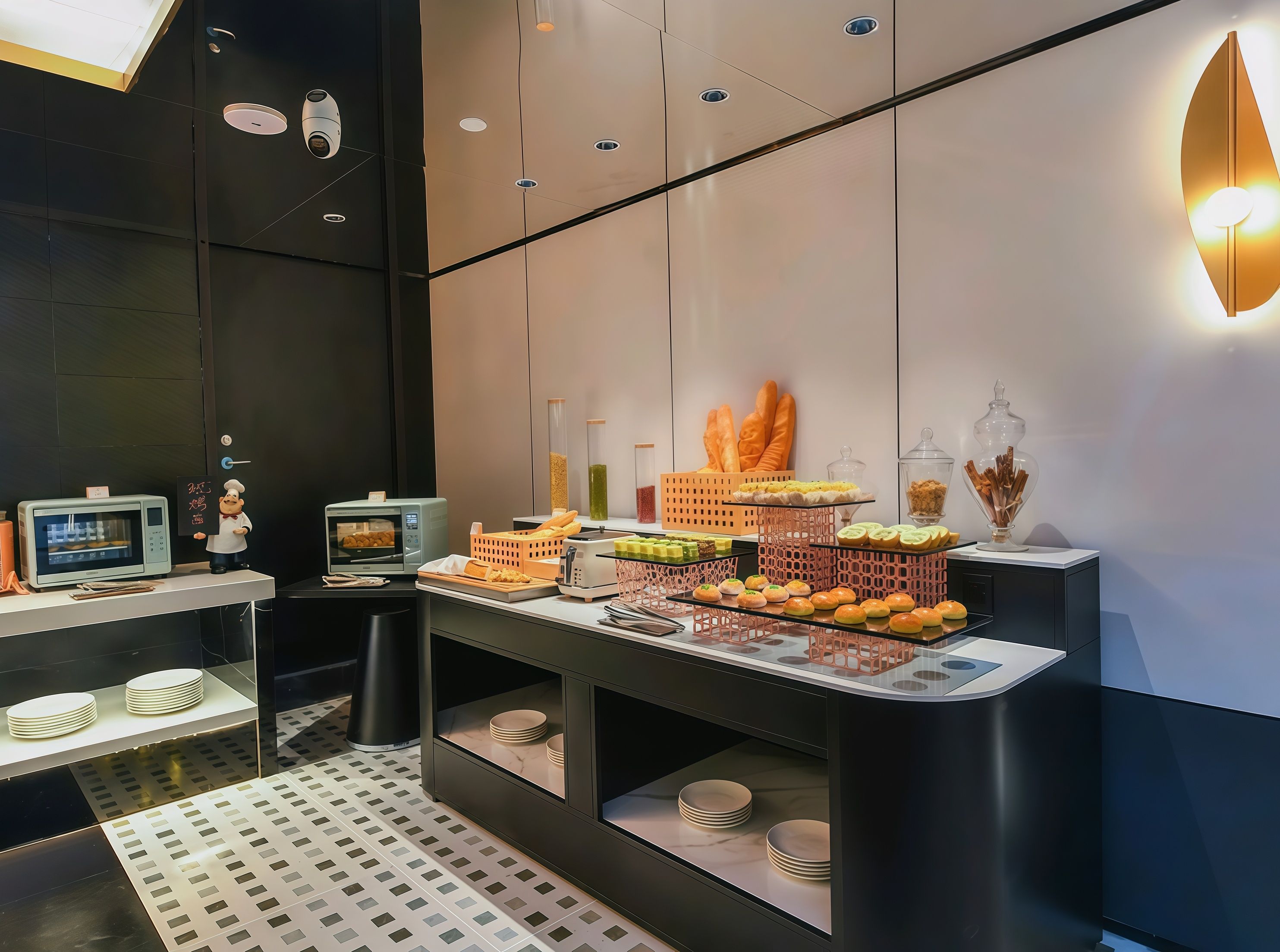 A modern kitchen area with a microwave, toaster, and a variety of food items displayed on a counter.