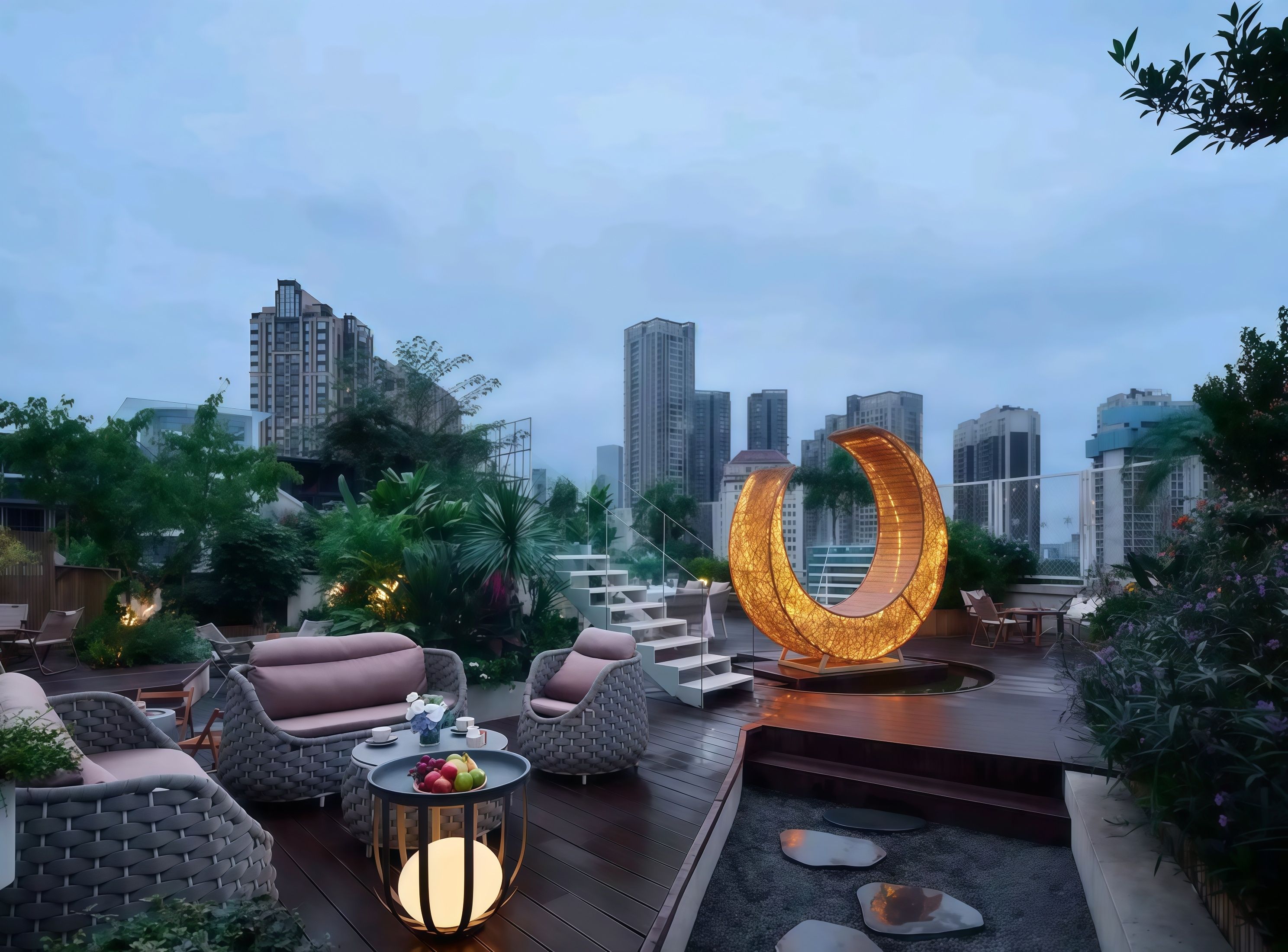 A rooftop terrace with outdoor seating, a decorative light sculpture, and a city skyline in the background.