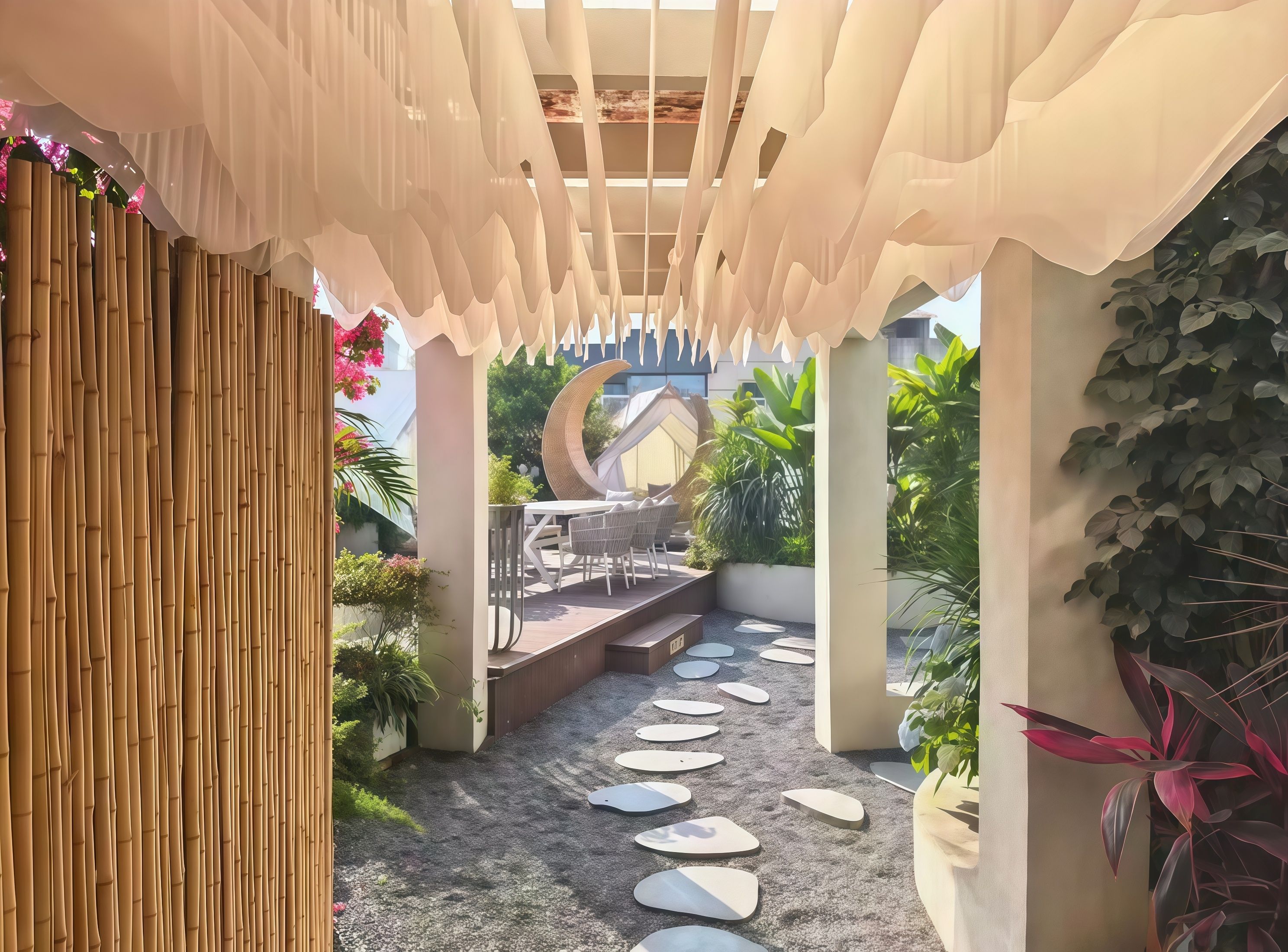A covered outdoor area with a seating arrangement, a decorative arch, and a variety of plants.