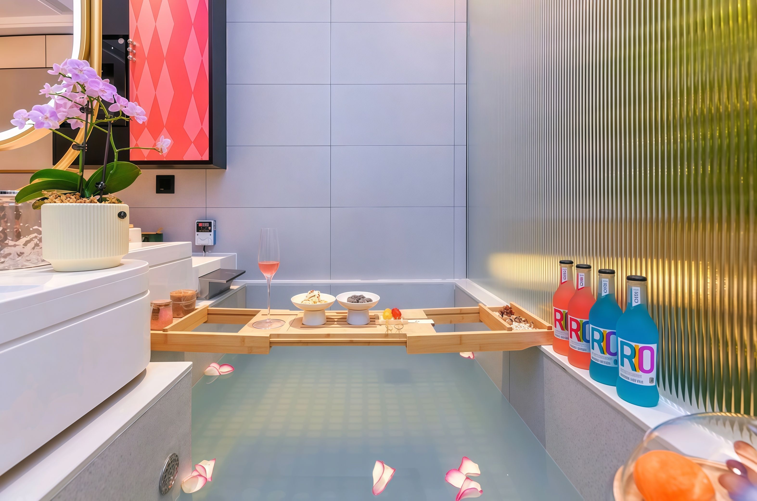 A modern bathroom with a bathtub, a potted orchid, a wine glass, and a tray with snacks.