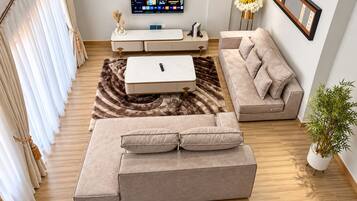 A modern living room with a sofa, a coffee table, a TV, and a plant.