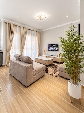 Una sala moderna con un sofá, una mesa de centro y un televisor.
