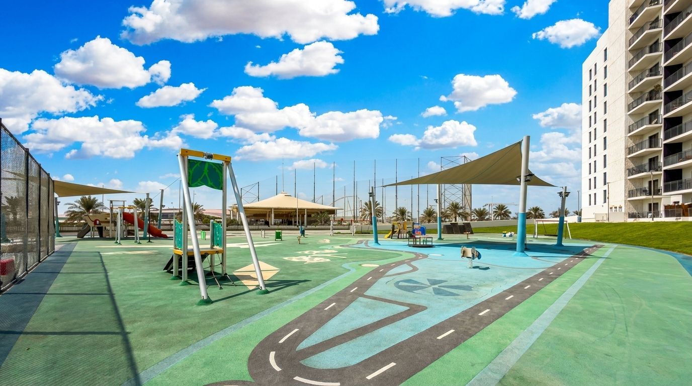 Un parque infantil con suelo verde, una estructura de juegos amarilla y un edificio grande al fondo.