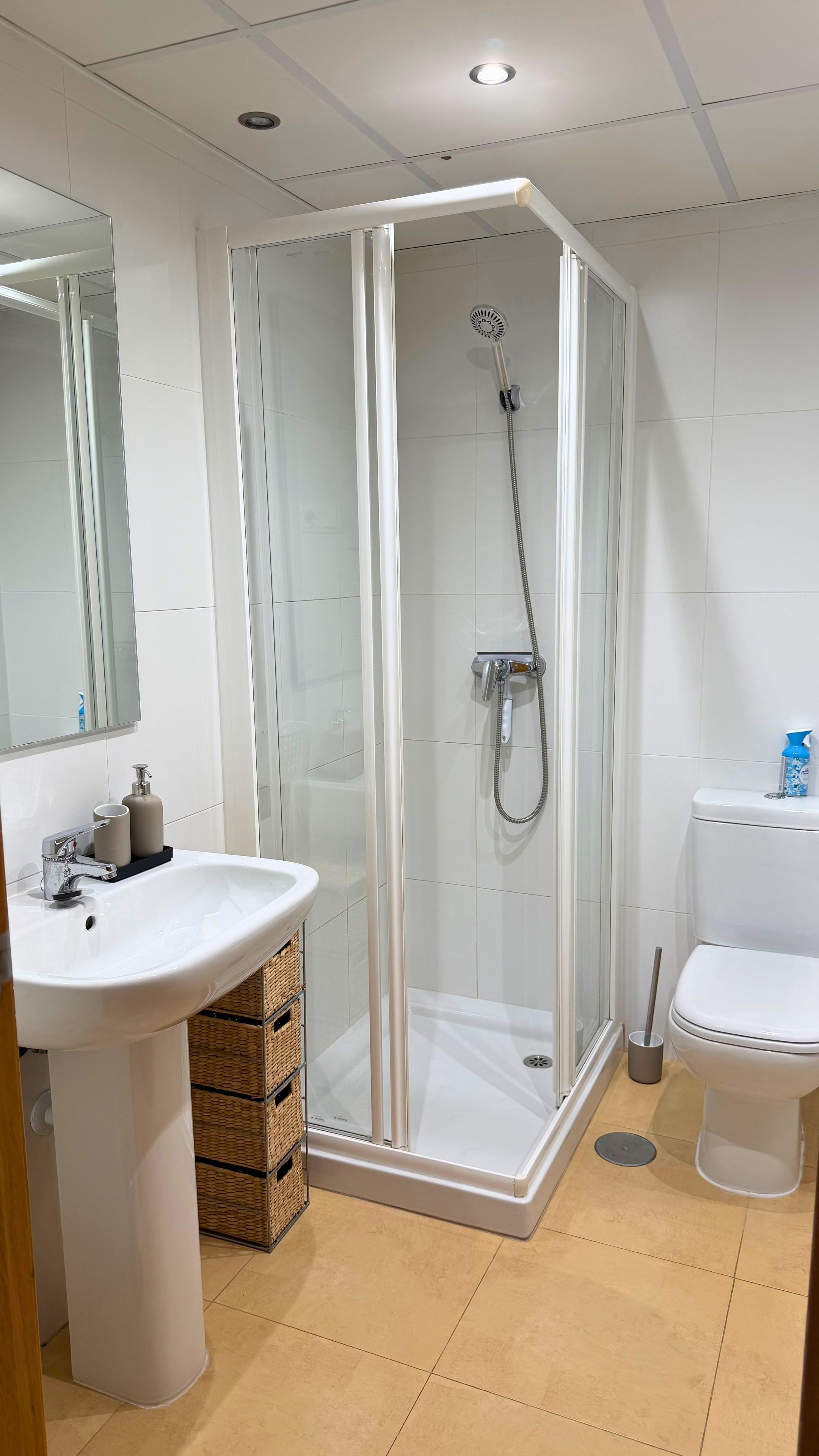 Un baño moderno con ducha envuelta en vidrio, un lavamanos blanco y un inodoro.