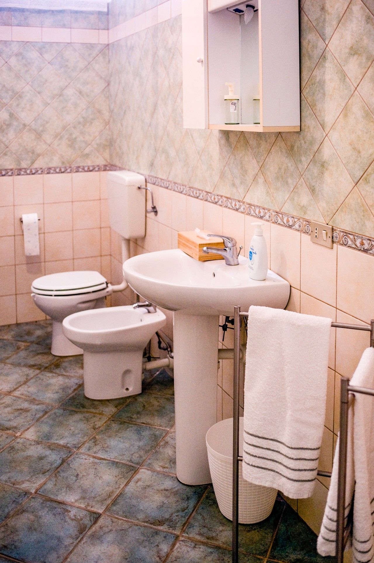 Un baño con inodoro, bidé, lavamanos y un perchero para toallas.