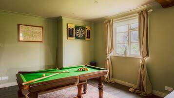 Een pooltafel met ballen, een dartbord en een inlijste kaart aan de muur.