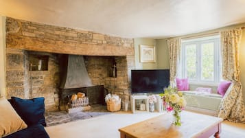 A cozy living room with a stone fireplace, a flat-screen TV, and a comfortable sofa.