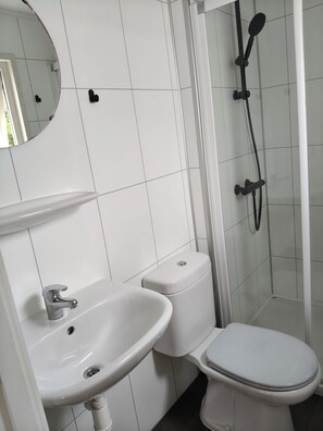 Een badkamer met een wit wastafelmeubel, toilet en douchecabine.