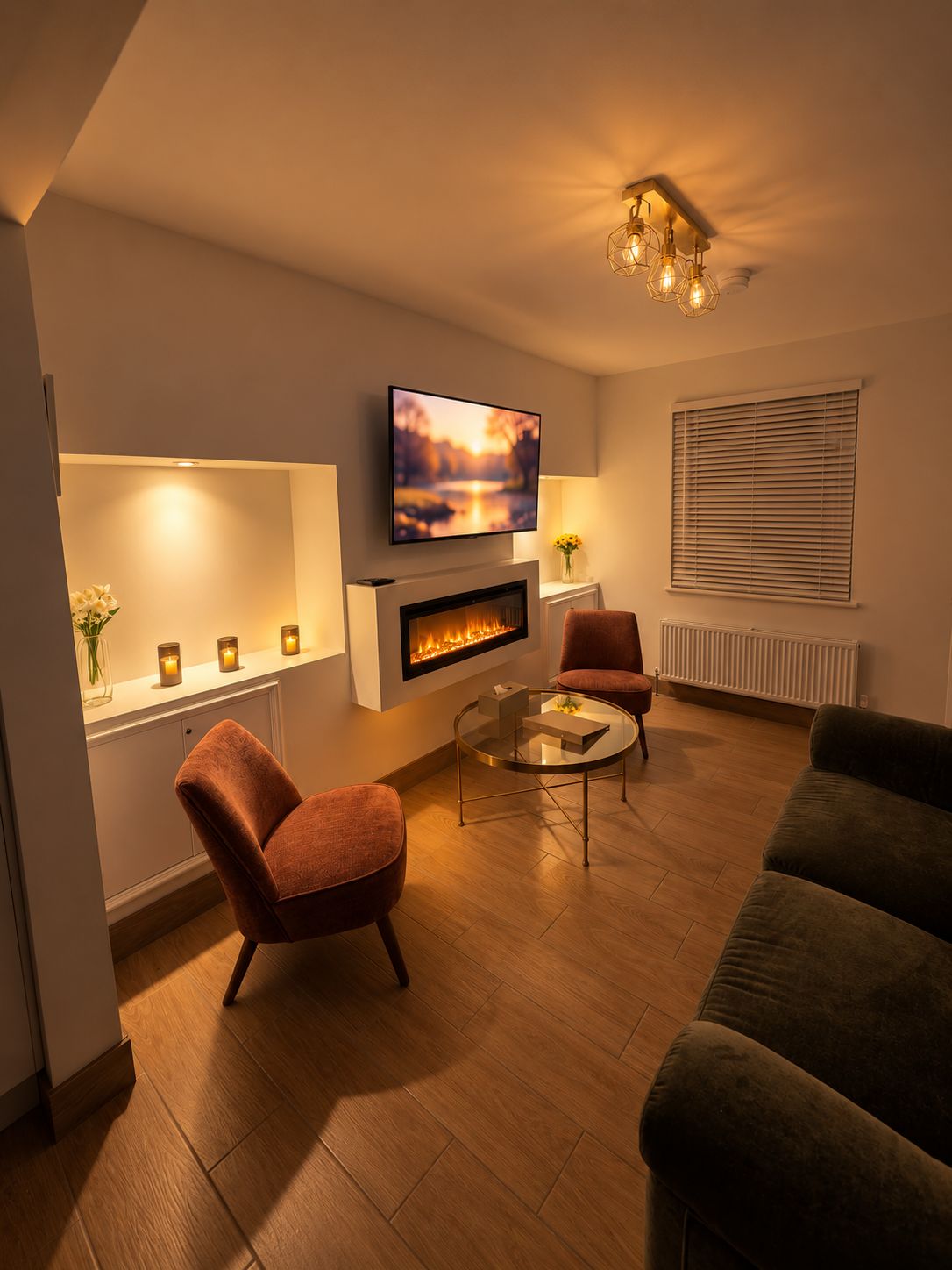 A modern living room with a fireplace, a flat-screen TV mounted above it, and a cozy seating area with a sofa and armchairs.