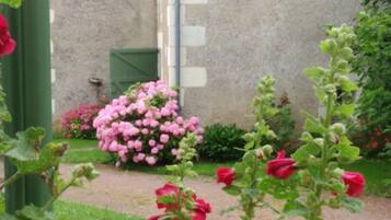 Un jardin avec des fleurs roses et une structure verte.