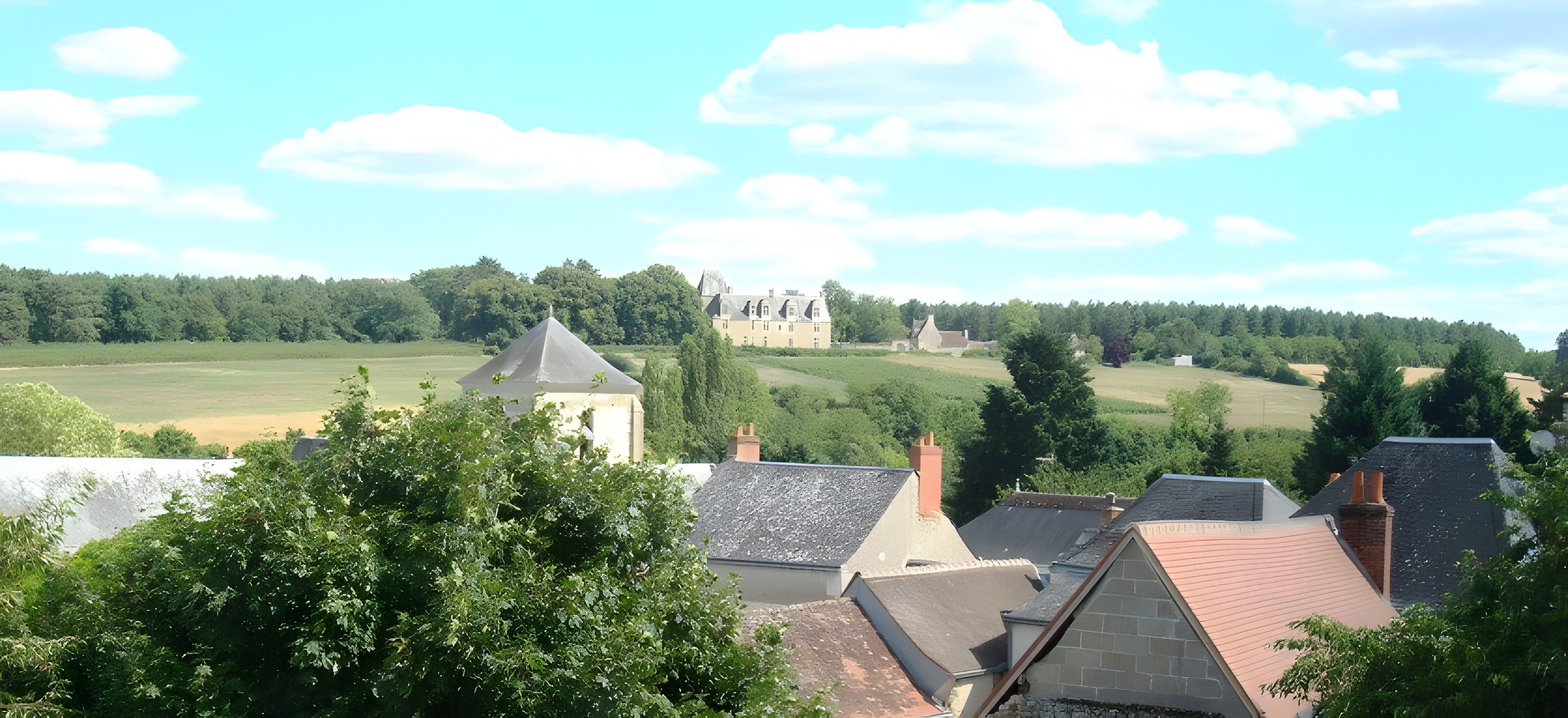 A view of a rural landscape with a large estate and several buildings with sloped roofs.