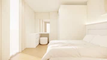A minimalist bedroom with a bed, a dresser, and a mirror.