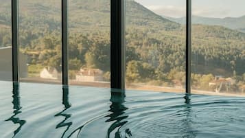 An indoor swimming pool with a view of a mountainous landscape through large windows.
