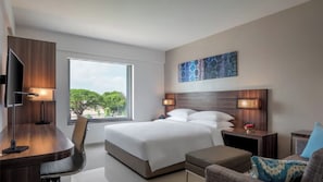Habitación de hotel con cama, escritorio, silla, televisor y ventana con vista a árboles.