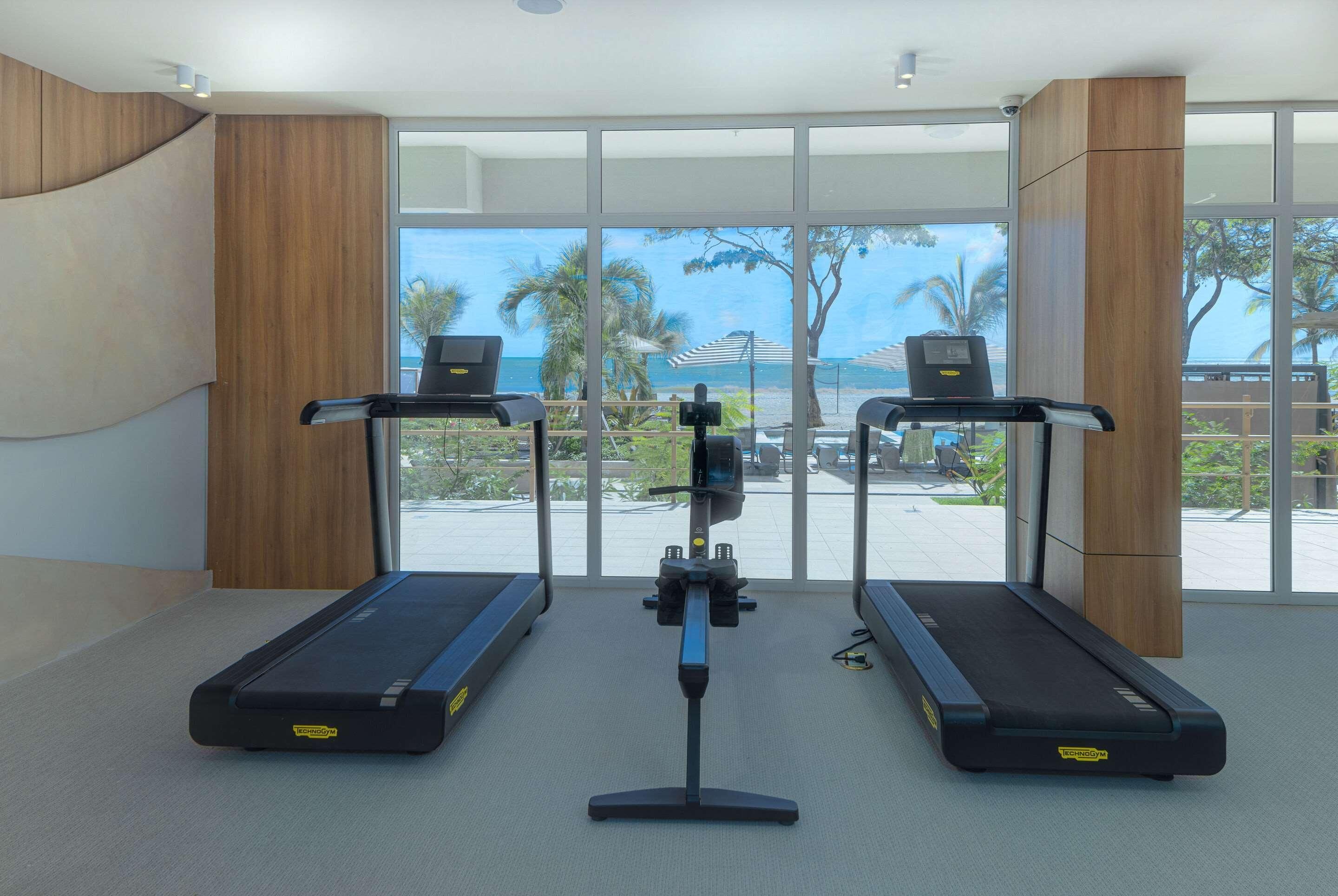 A gym with two treadmills, a stationary bike, and a rowing machine, with a view of palm trees and the ocean.