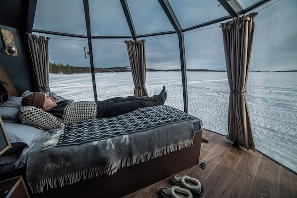 A room with a bed, a window, and a view of a snowy landscape.