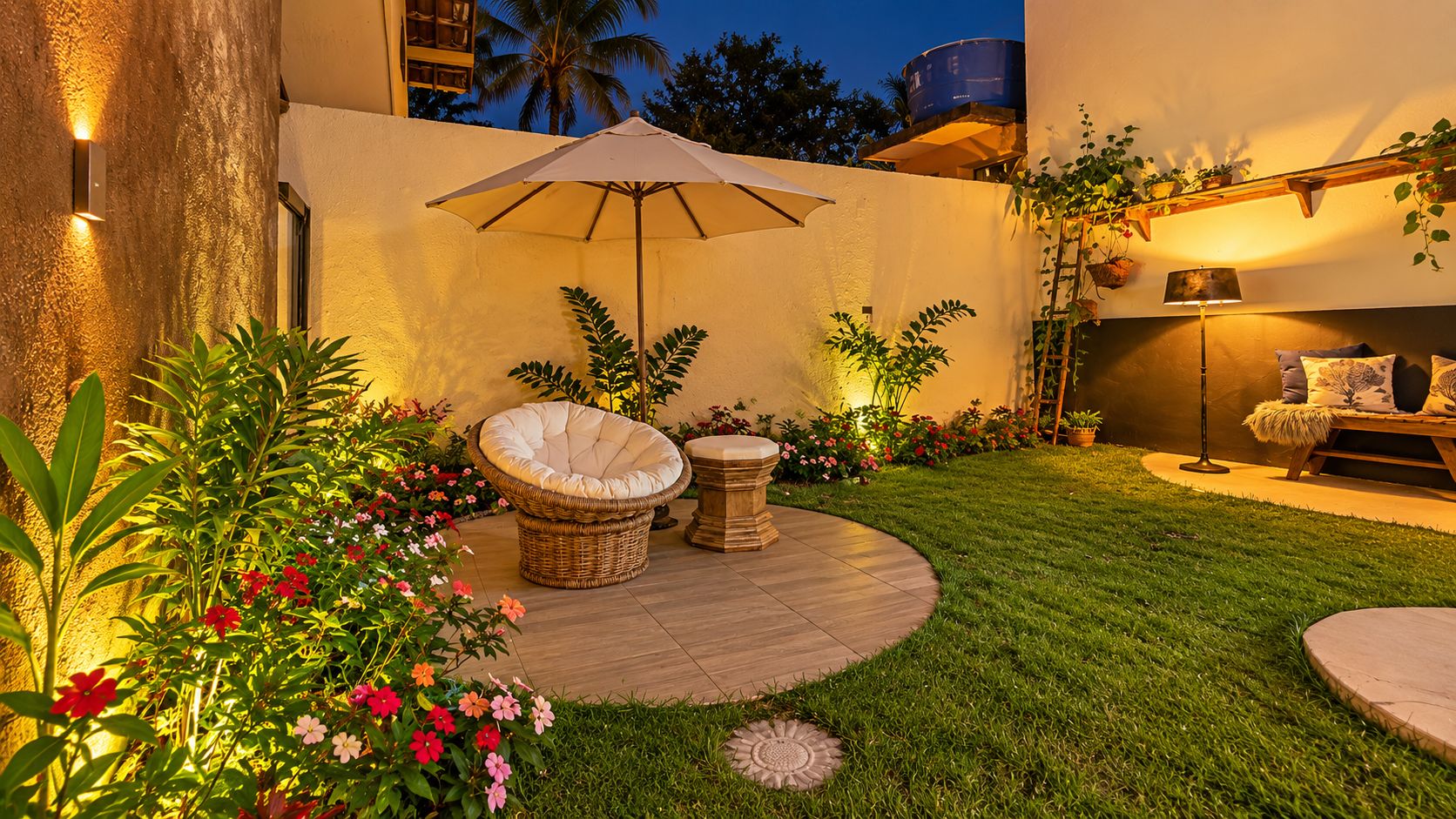 A well-maintained outdoor patio area with a round table, two wicker chairs, and a large umbrella.