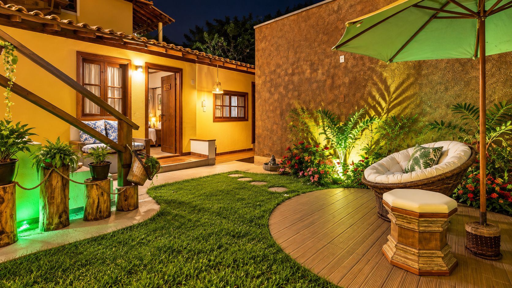 A well-lit outdoor area with a wooden staircase, a green umbrella, and a seating area with a cushion.