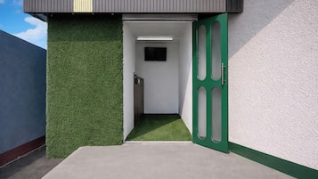 A building entrance with a green door, a small hallway, and a flat roof.