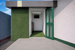 Entrada de un edificio con puerta verde, un pequeño pasillo y un techo plano.