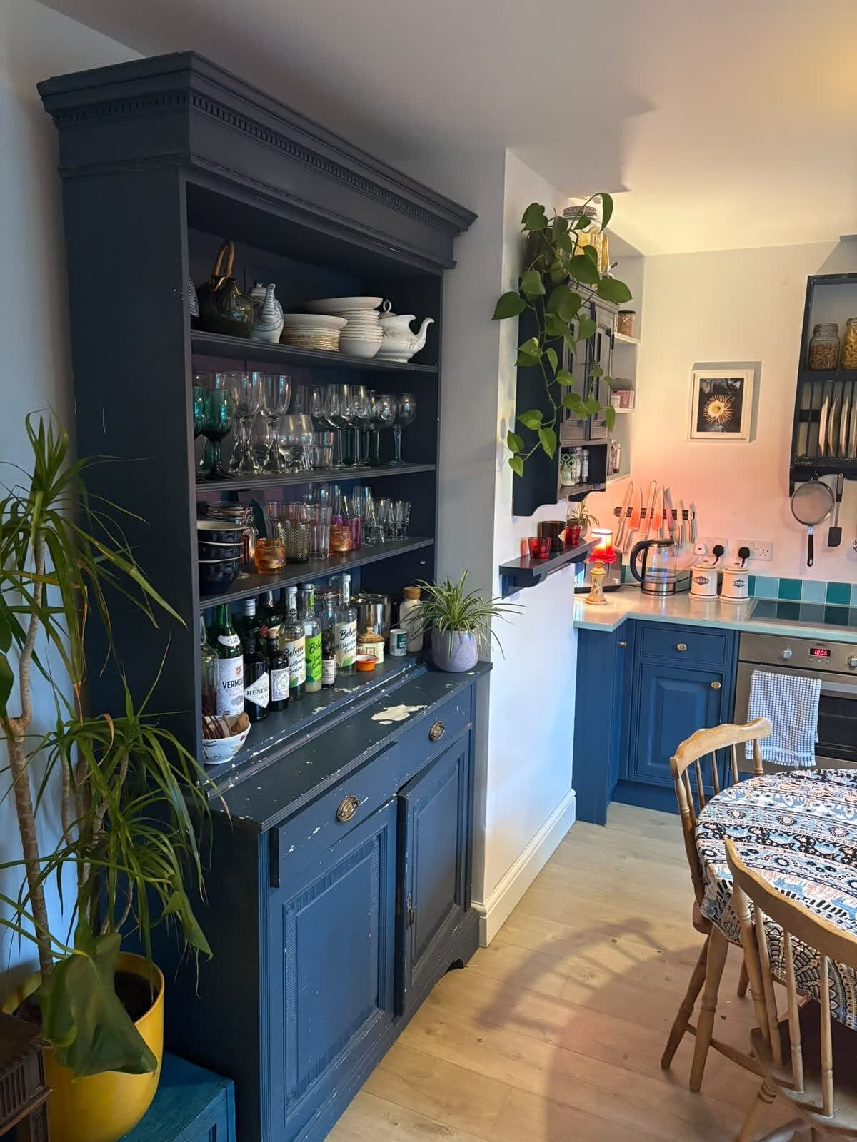 Una cucina con un armadietto blu scuro, un tavolo da pranzo con tovaglia fantasia e una pianta pensile.