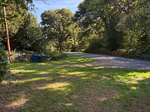 A rural road with a grassy verge and trees on both sides.