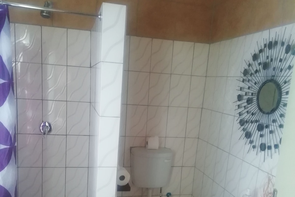 A bathroom with a shower, toilet, and sink.