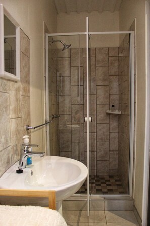 A bathroom with a glass-enclosed shower, a sink with a soap dispenser, and a mirror.