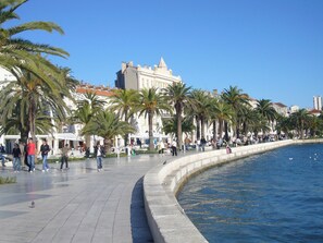 A waterfront promenade with palm trees, a curved water feature, and people walking. - Apartment with large garden in the heart of Split (Split)
