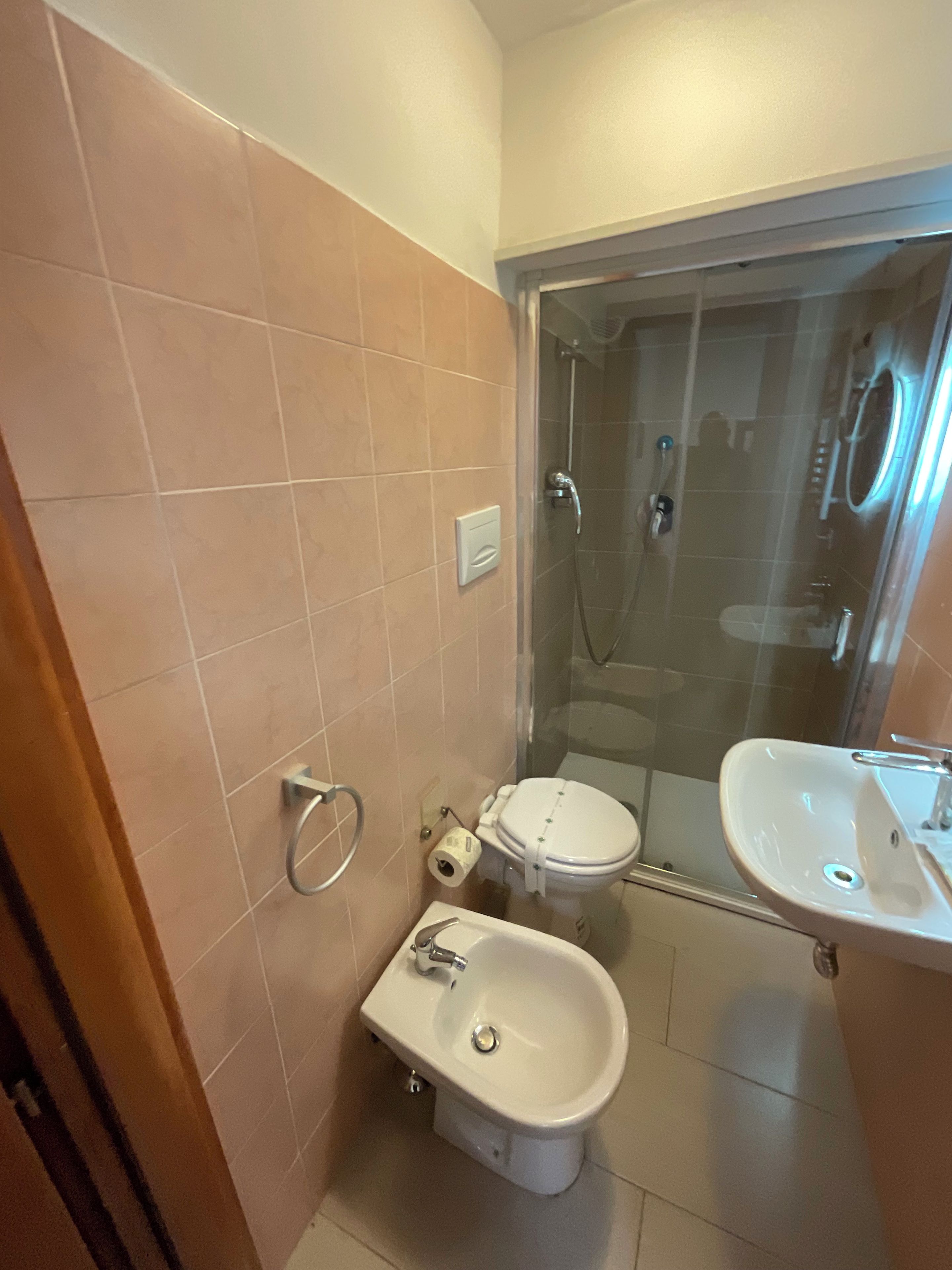 A bathroom with a glass-enclosed shower, a toilet, and a bidet.