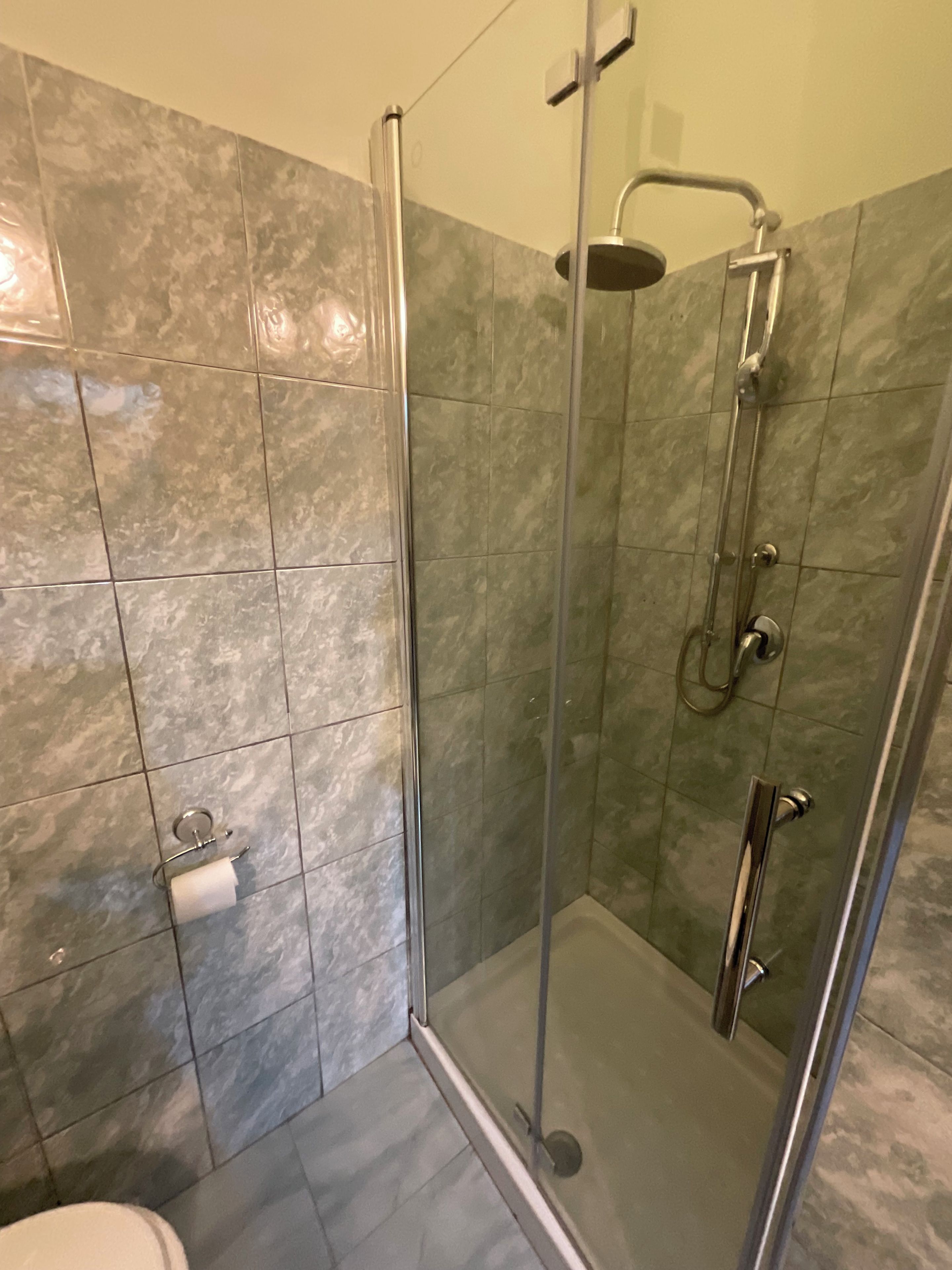 Ducha con cerramiento de vidrio, cabezal de ducha de mano y grifo empotrado.