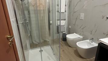 A modern bathroom with a glass-enclosed shower, a bidet, and a vanity with a mirror.