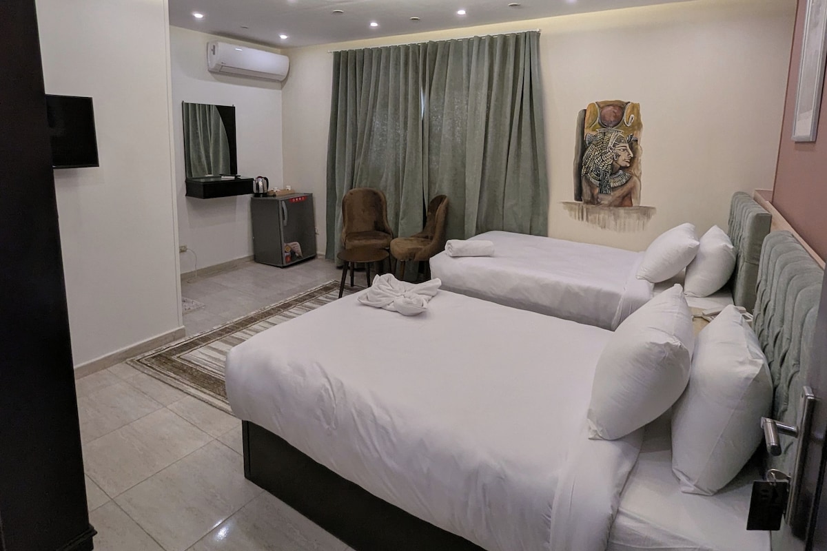Habitació d'hotel amb dos llits, televisió de pantalla plana, una cadira i un quadre a la paret.