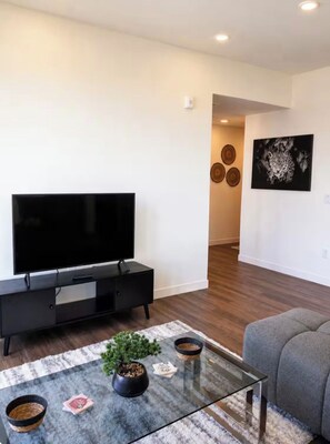 Ein modernes Wohnzimmer mit einem Flachbildfernseher, einem Glastisch, einem grauen Sofa und einer kleinen Topfpflanze.