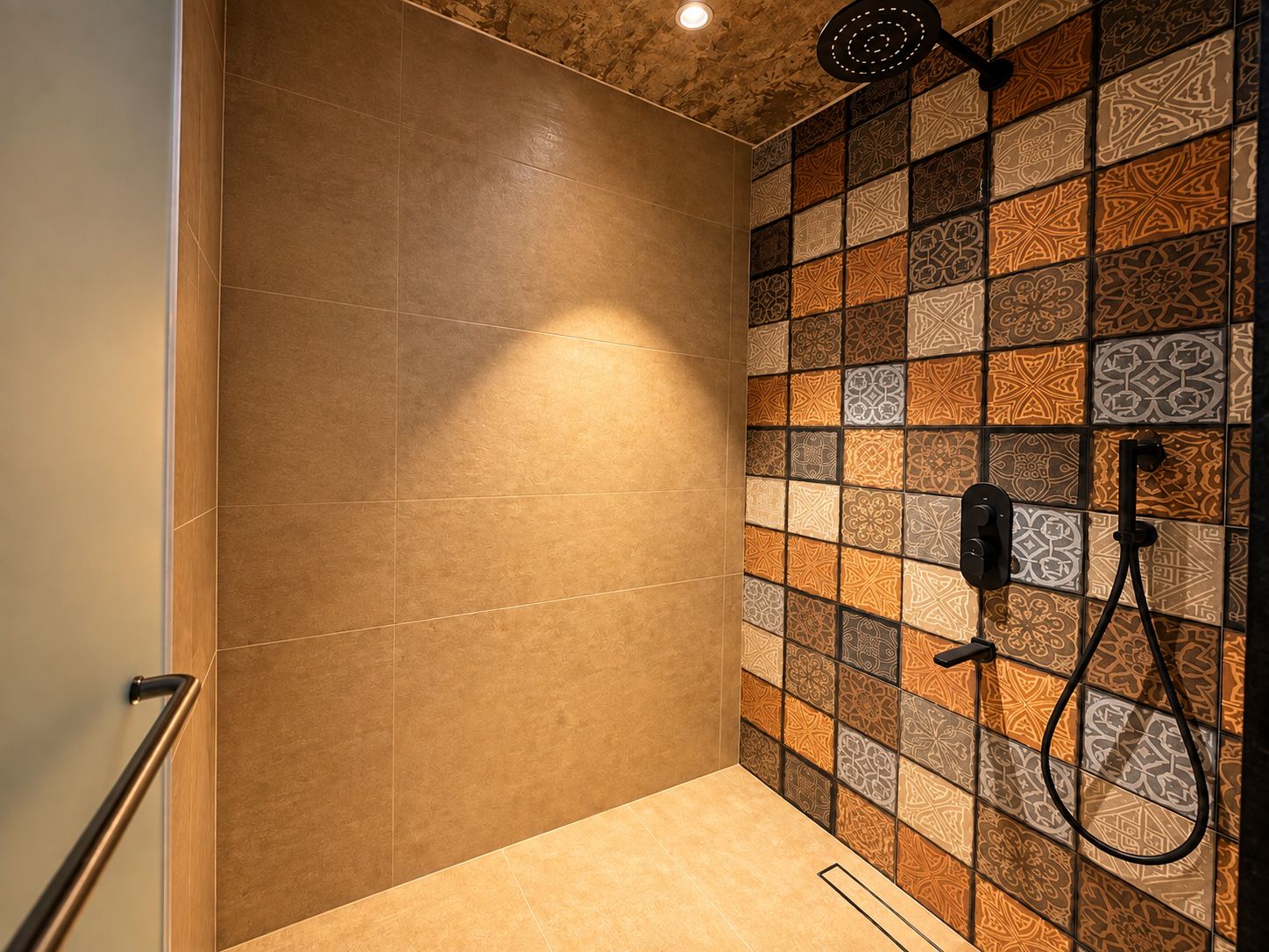 A shower area with a tiled wall, a handheld showerhead, and a handheld shower attachment.