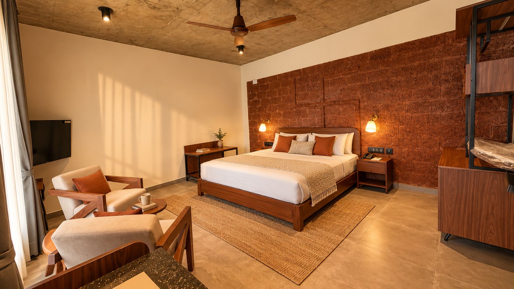 A modern hotel room with a large bed, a flat-screen TV, a wooden headboard, and a brick accent wall.