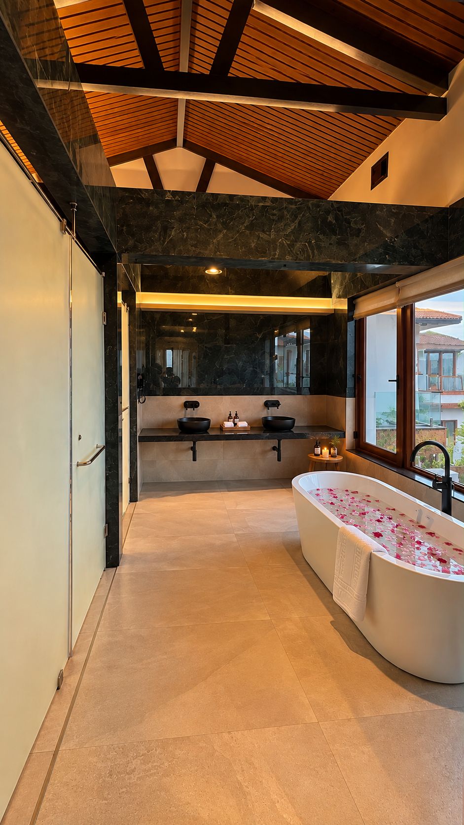 Un baño moderno con una bañera independiente, un espejo grande y vistas al exterior.