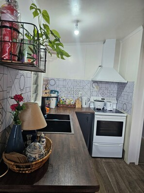 Een moderne keuken met een fornuis, oven en aanrecht.