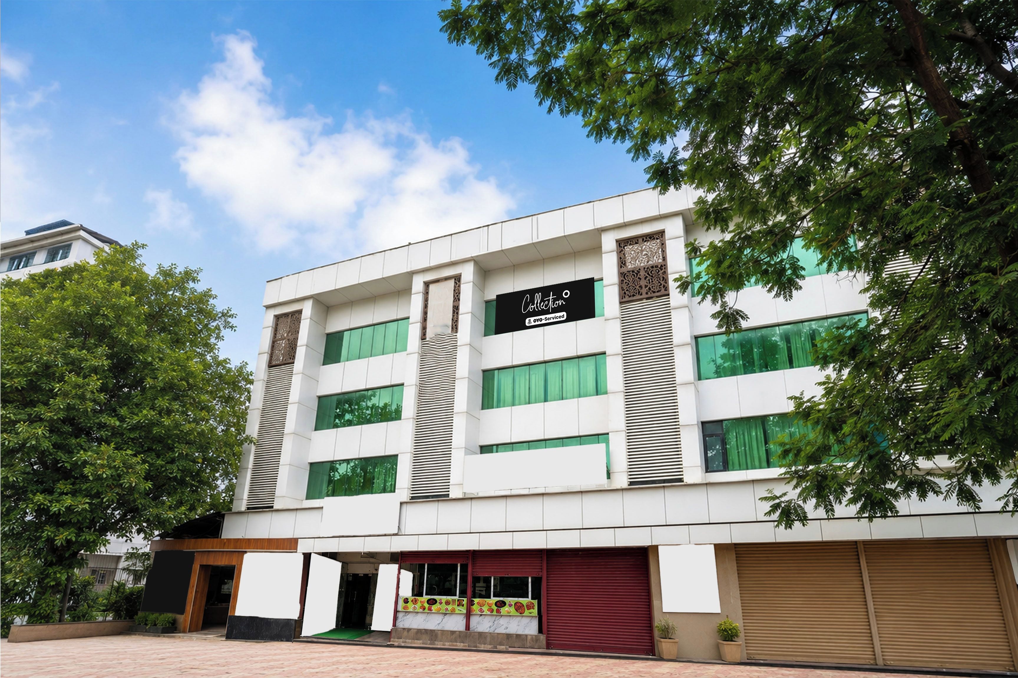 A modern building with a sign that reads 'Collection' and a large tree in front.